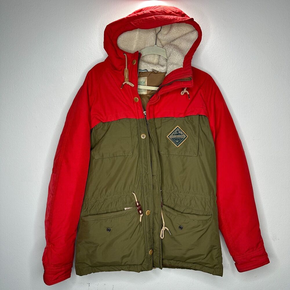 Scotch & Soda Olive Green & Red Front Zip Button Hooded Heavyweight Jacket M